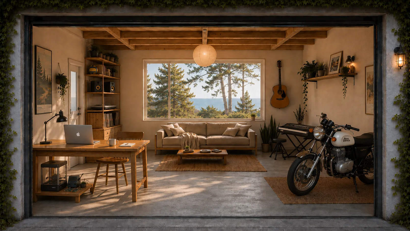 Looking into an open garage converted into a studio: a desk with a laptop and 3D printer, a couch, a record player on a shelf, a guitar, a motorcycle, and a window onto pines and the sea.