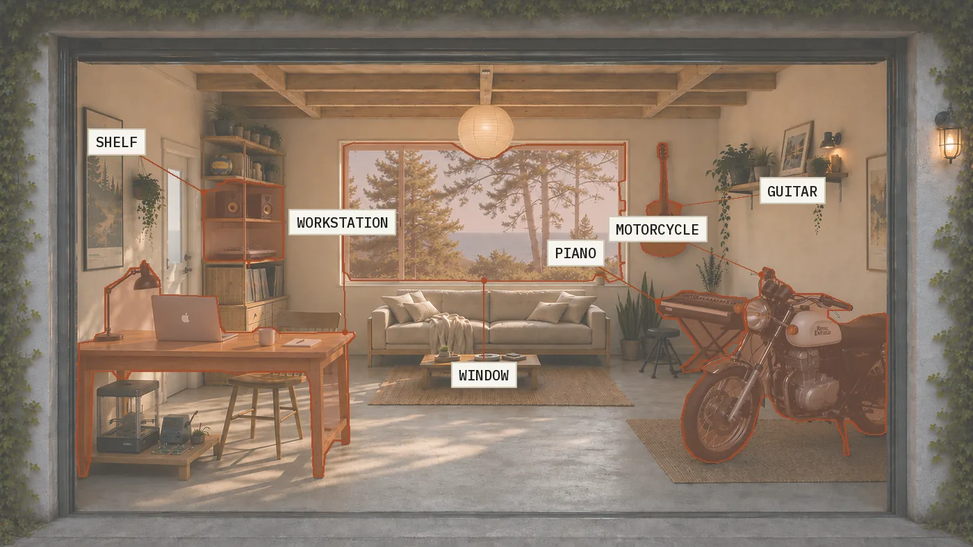 The garage render with six objects outlined in orange and labelled: shelf, workstation, window, piano, motorcycle, guitar.